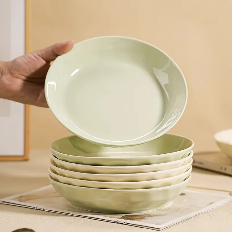 【6个装】釉下彩石纹8英寸圆盘奶油风陶瓷深盘圆盘创意碟子菜盘子