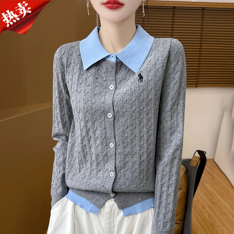 哥弟阿玛施正品商务风polo领麻花针织衬衫女撞色刺绣上衣外搭秋冬