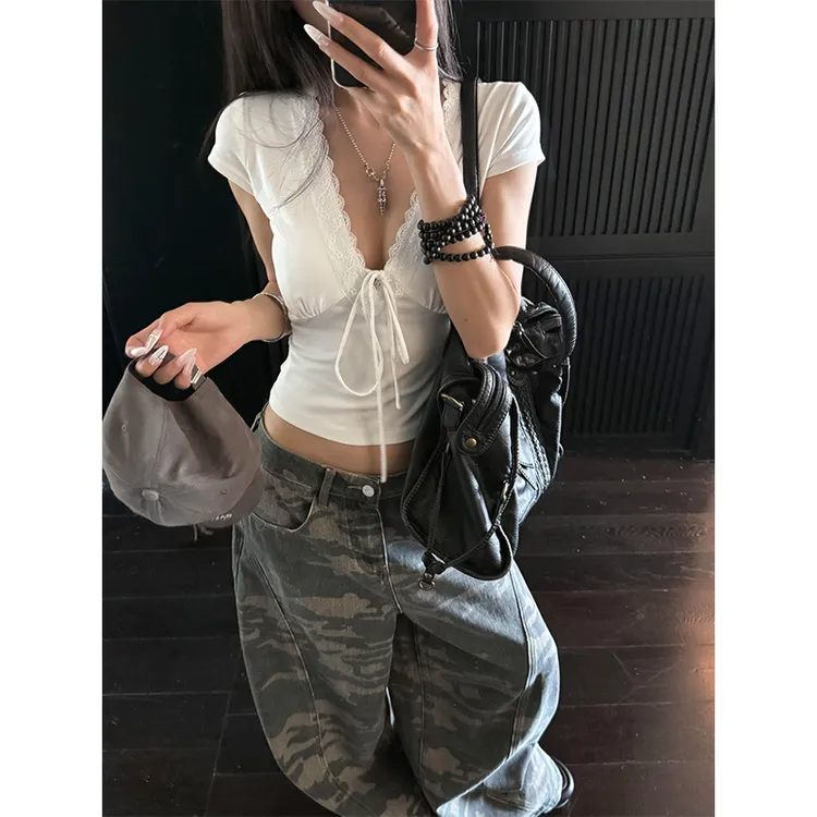 【现货次日发】白色系带蕾丝边纯欲T恤上衣迷彩工装牛仔裤阔腿裤子