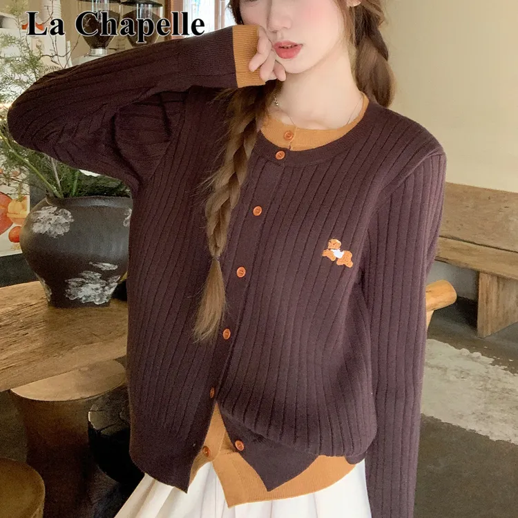 拉夏贝尔假两件撞色长袖针织开衫女秋冬独特刺绣小狗毛衣外套上衣