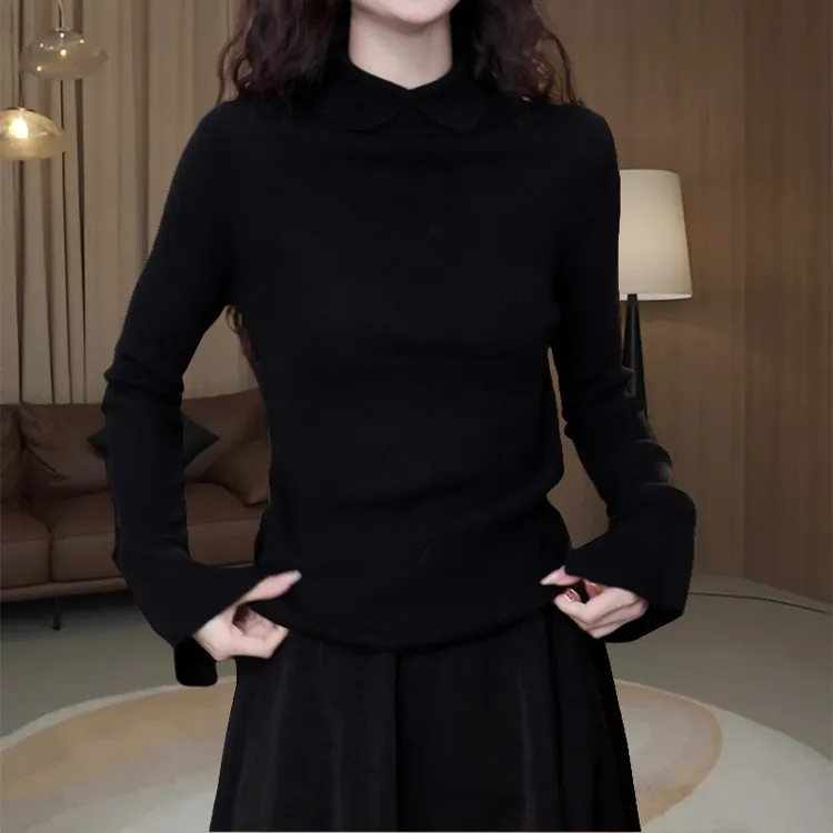 小众减龄纯色翻领毛针织衫女早秋新款轻薄柔软舒适修身显瘦上衣