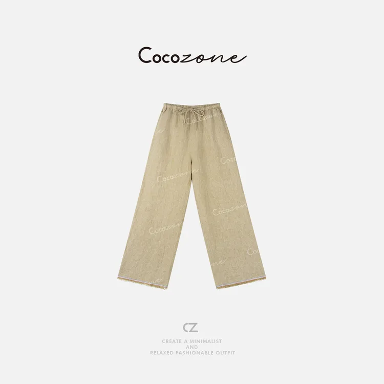 COCO ZONE 刘一一 【100亚麻】松紧腰抽绳毛边休闲裤CD1A0448