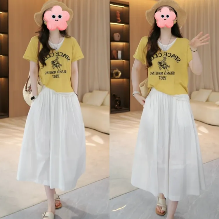 洋气短袖毛织T恤上衣+新款显瘦百搭半身裙LK2505713