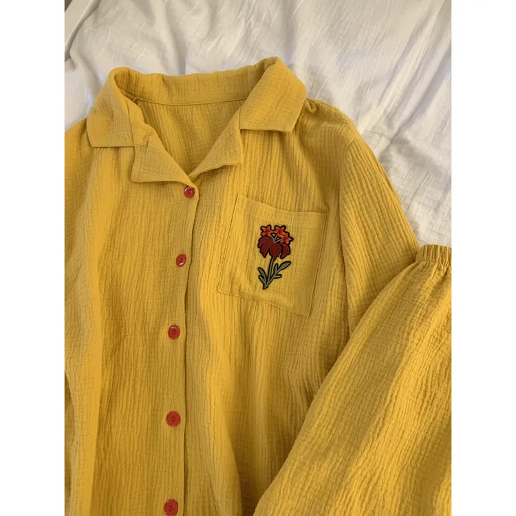春秋季新款小花刺绣甜美睡衣女纯色简约长袖长裤家居服套装可外穿