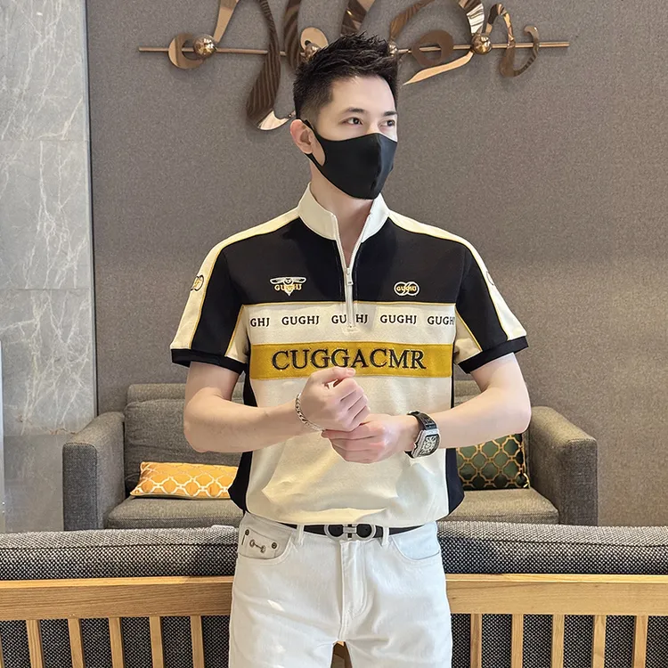 2025夏季新款男士POLO衫时尚刺绣撞色立领拼接男款轻奢潮流百搭男