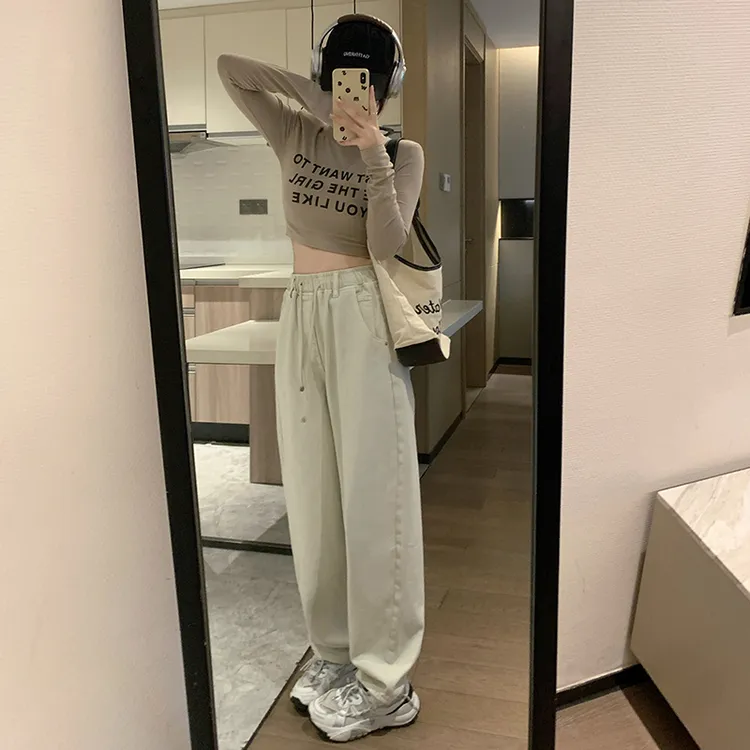 加贝信2025秋季新款休闲宽松阔腿拖地裤复古港风百搭松紧腰牛仔裤