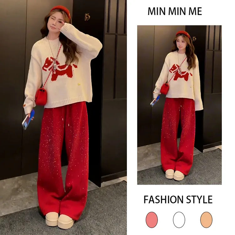 设计感轻熟风针织圆领上衣女搭配休闲阔腿裤两件套2026春秋季新款