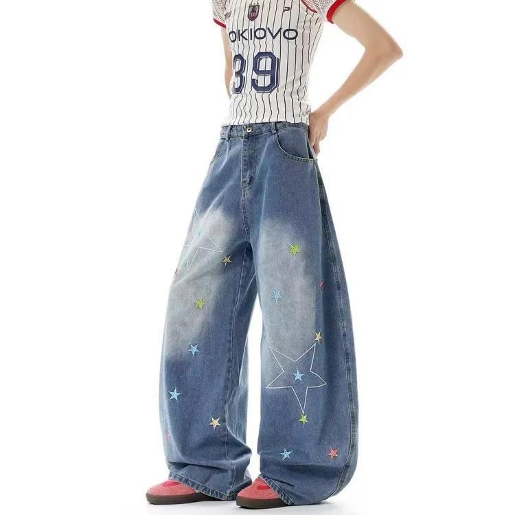 浅蓝色阔腿牛仔裤男女春秋季2025新款星星刺绣高腰宽松垂感休闲
