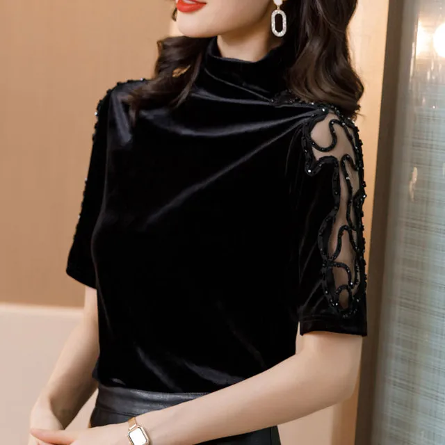 金丝绒上衣时尚洋气黑色小衫2025春季新款洋气妈妈中年高领打底衫