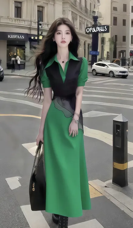 设计感黑绿色衬衫领短袖修身收腰包臀不规则长裙两件套女显瘦女装