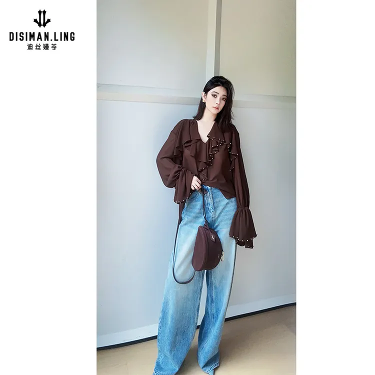 迪丝嫚苓蓝色牛仔裤高腰休闲女士直筒轻奢气质时尚原创设计宽松款