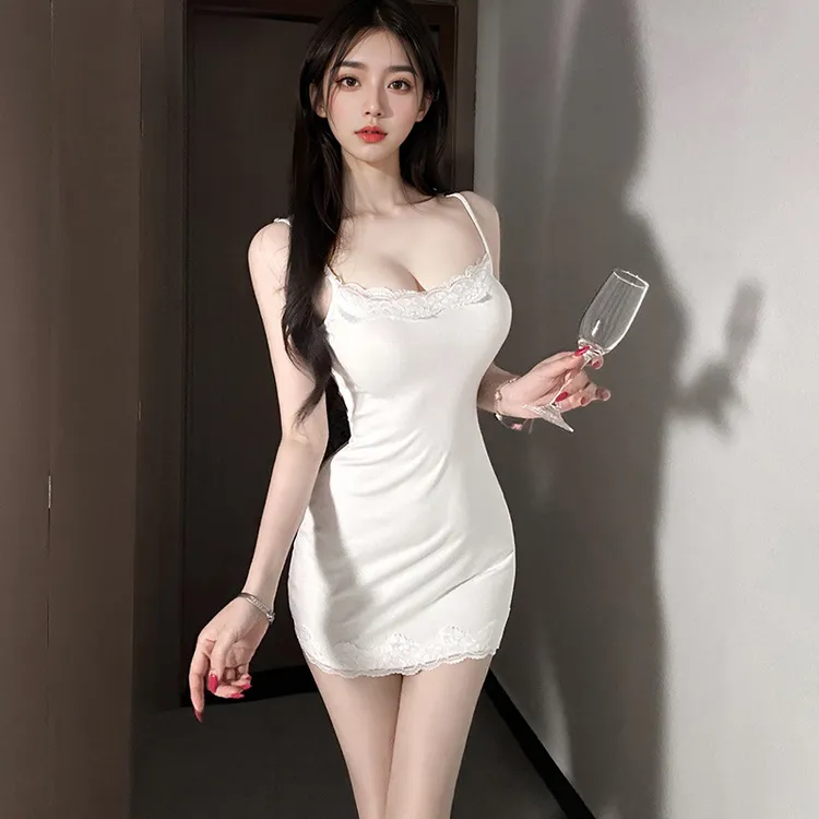 纯欲蕾丝拼接辣妹性感紧身包臀吊带裙夏季纯色莫代尔睡衣