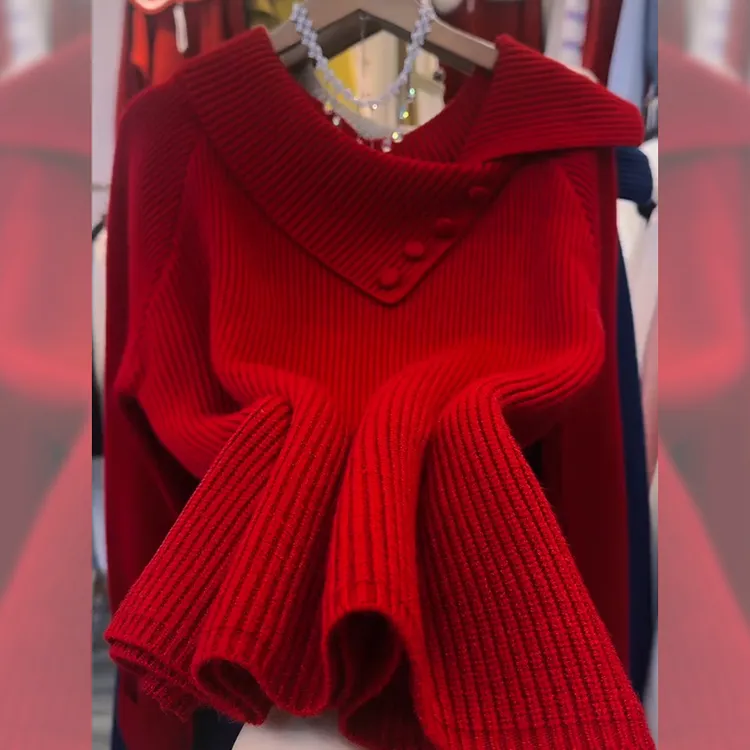 不规则红色针织衫长袖女2025秋冬爆款高级感洋气漂亮高级打底上衣