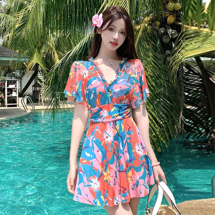 【糖果色】泳衣女连体平角显瘦游泳蕾丝裙式时尚大码泳衣温泉游泳衣