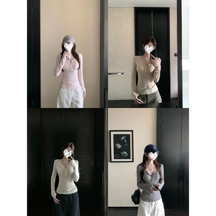 【入秋万能搭】搭遍衣橱修身显瘦纽扣亨利衫打底长袖T恤女 22118#