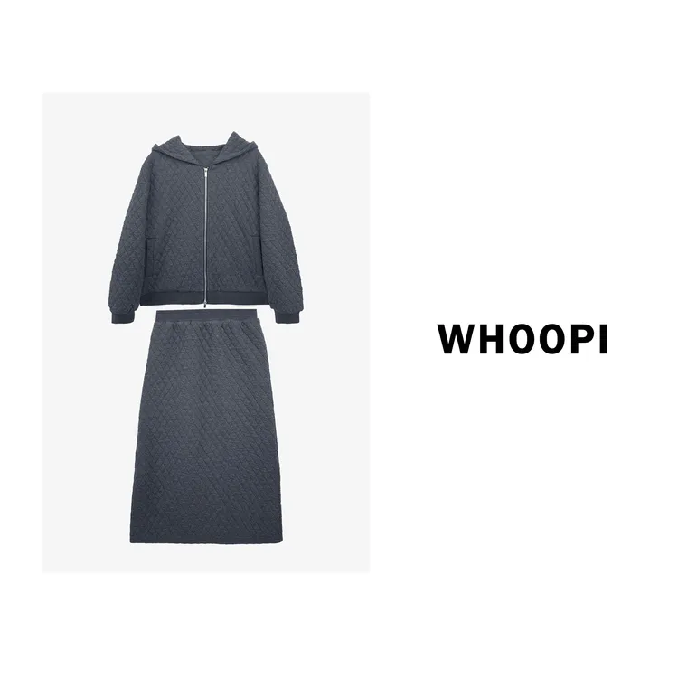 【Whoopi】【融冬滤镜】温柔菱格纹连帽宽松外套半裙棉服套装女冬季