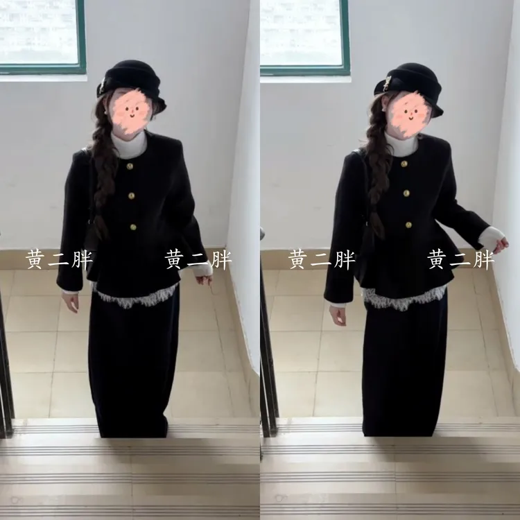 富家千金风黑色小香风毛呢外套女秋冬新款高级感气质高腰长裤套装