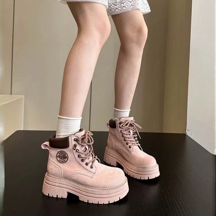 白鹿同款~新版欧美粉色增高厚底户外马丁靴女短靴工装大黄靴