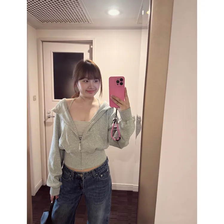 灰色卫衣外套女秋季新款修身短款早秋穿搭连帽上衣收腰C 9385#