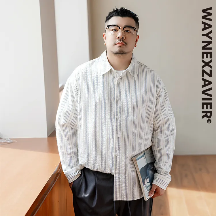 韦恩泽维尔加肥加大宽松大码男秋冬翻领蓝白条纹长袖休闲衬衫9251