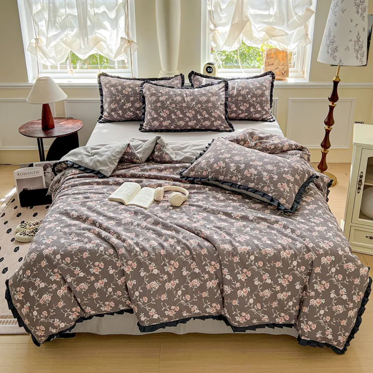 【西藏包邮】复古花边皱皱纱印花双人被套四件套