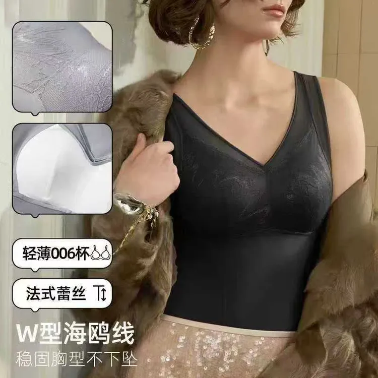 25年秋冬新款菱形提花杯面薄纱V领女士磨毛保暖背心