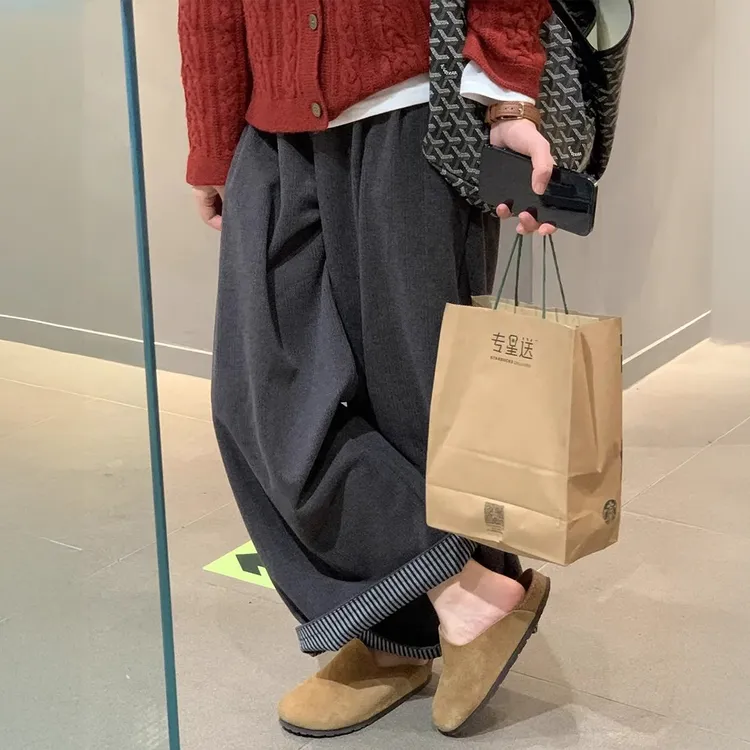 深灰色复古毛呢卷边阔腿裤女秋季新款胖妹妹mm高腰显瘦慵懒休闲裤