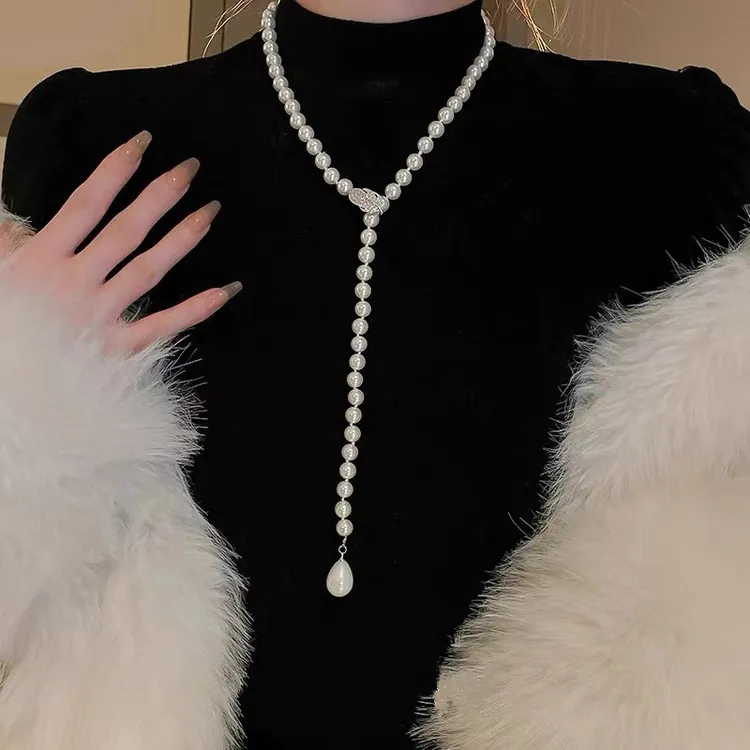 非金属仿珍珠项链 可调节珍珠毛衣链高档时尚秋冬白色长款项链女