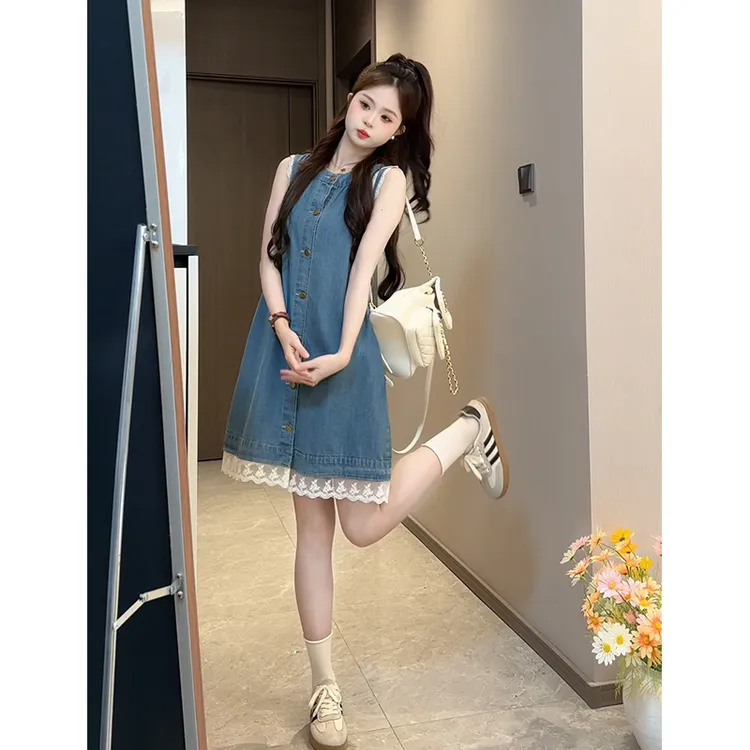 蕾丝花边无袖牛仔裙夏季2025新款圆领单排扣中长款宽松显瘦背心裙