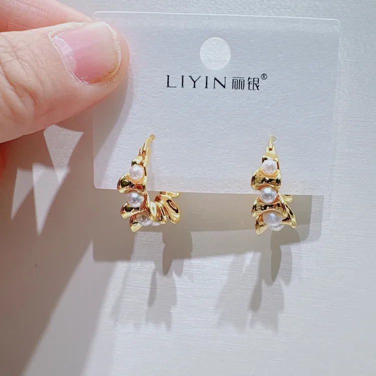 合金仿珍珠耳饰 丽银新品防过敏珍珠木耳边耳圈耳环气质百搭耳饰