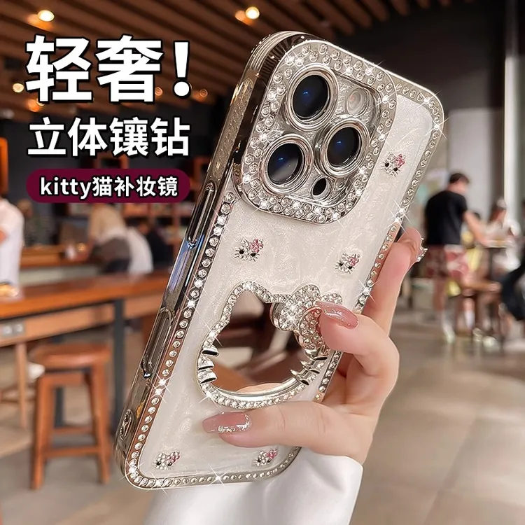 高级滴胶KT猫补妆镜适用苹果16手机壳iPhone15网红14轻奢13女款套