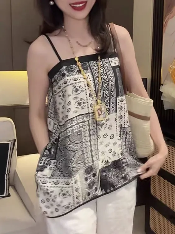夏季民族风黑白花格吊带背心遮肉洋气百搭外穿内搭上衣