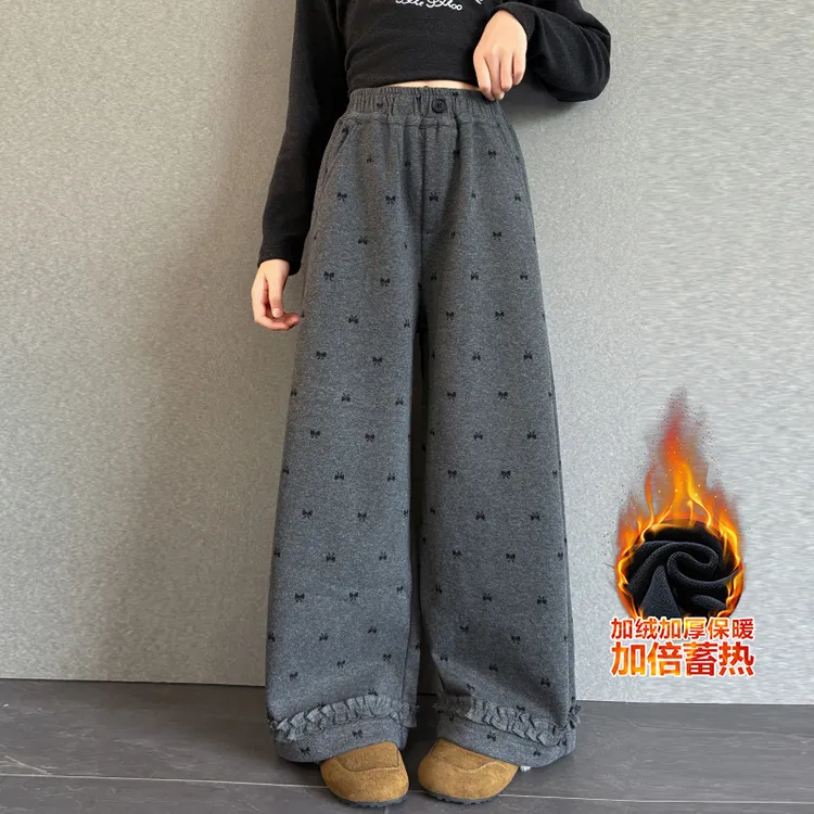女童一体绒阔腿裤冬装新款5-13岁中大童宽松甜美加绒长裤蝴蝶结潮