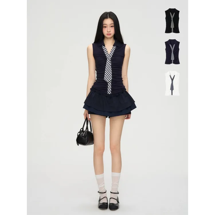 藏蓝色Polo领无袖背心女夏季复古时尚套装蓬蓬a字半身短裙两件套