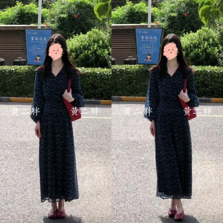 法式复古V领碎花长袖连衣裙女早秋新款修身显瘦设计感雪纺长裙子