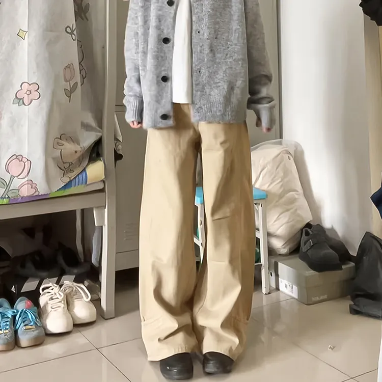 卡其色直筒牛仔裤女秋2025新款小个子拼接设计宽松显瘦窄版阔腿裤
