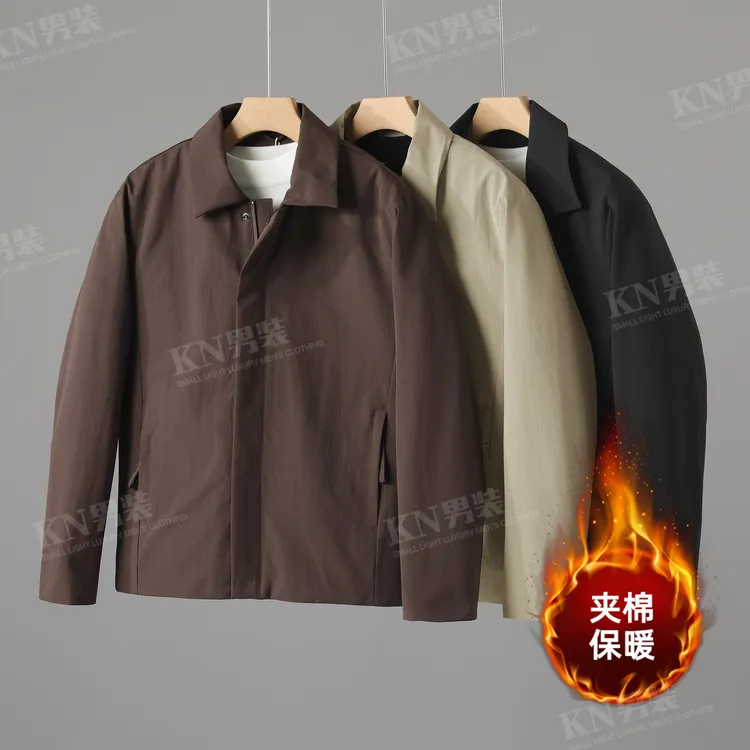 2025新款美式复古暗扣设计夹棉外套男士秋冬保暖翻领休闲百搭夹克