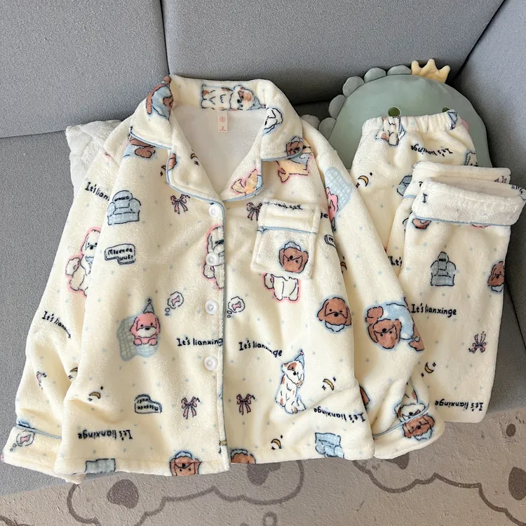 法兰绒睡衣女秋冬季加厚加绒可爱学生长袖长裤开衫外穿家居服套装