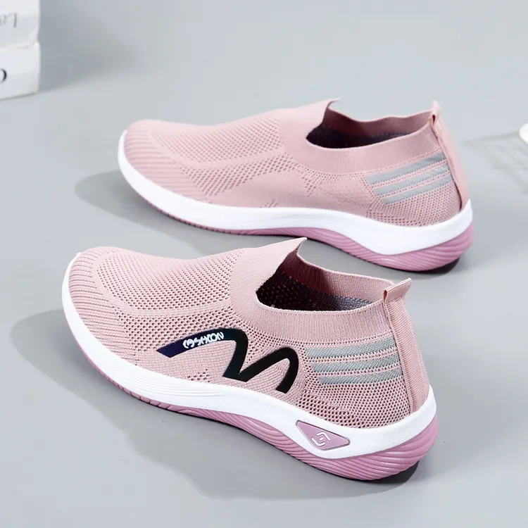2024新款飞织一脚蹬袜子口休闲女鞋按摩底透气妈妈鞋健步运动鞋