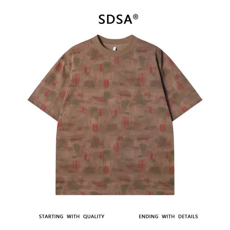 夏季高级感新款美式复古不规则色块短袖T恤小众设计圆领宽松上衣