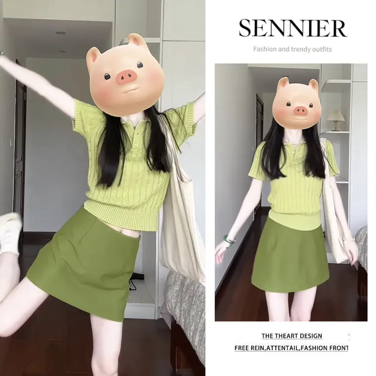 【现货】今年流行穿搭2025夏季新款麻花针织翻领短袖显瘦短裙两件套