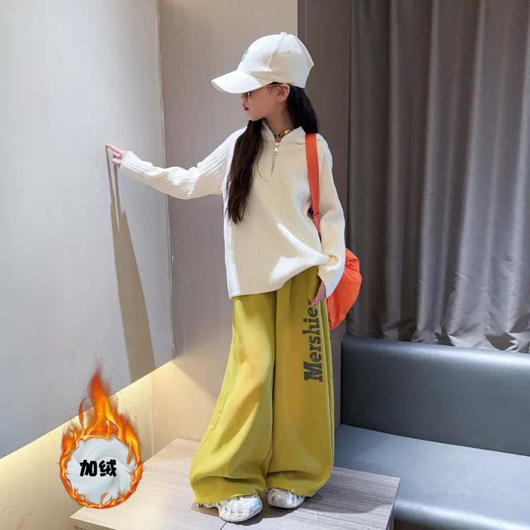女童复古加绒卫裤2025秋冬新款儿童休闲阔腿裤大童嘻哈爵士舞裤子