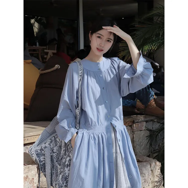 2025年新款气质绝美裙子清纯掐腰裙设计感简约蓝色收腰连衣裙女春