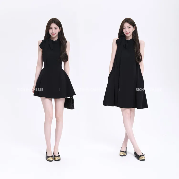 舒胡蕾 乖乖千金 法式千金气质双腰型无袖蝴蝶结连衣裙短裙