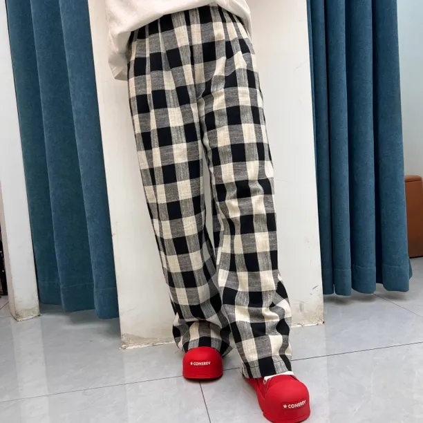 沐梅家。  阔腿裤夏季黑白格子无弹力秋季宽松休闲裤高腰透气