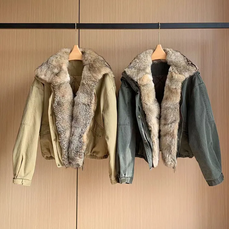 派克服短款外套女狐狸毛领羽绒卡其色冬季2025