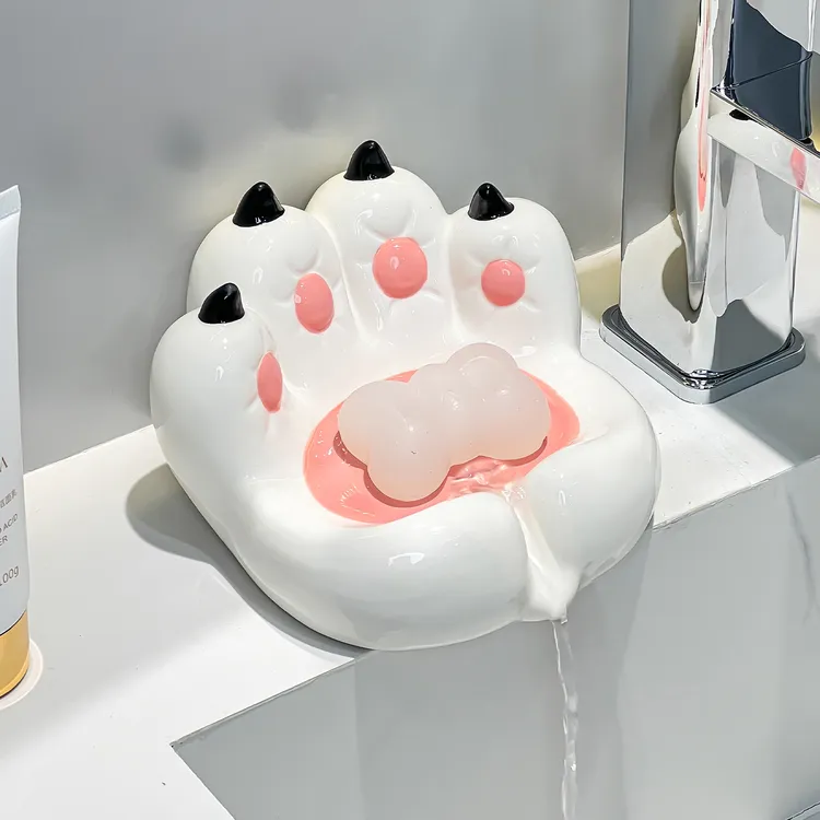 创意猫爪自动沥水陶瓷肥皂盒香皂盒置物架卫生间家用不积水皂碟托