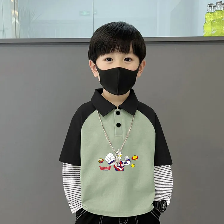 薄款长袖男童t恤奥特曼印花儿童假两件打底衫洋气百搭学院风上衣f