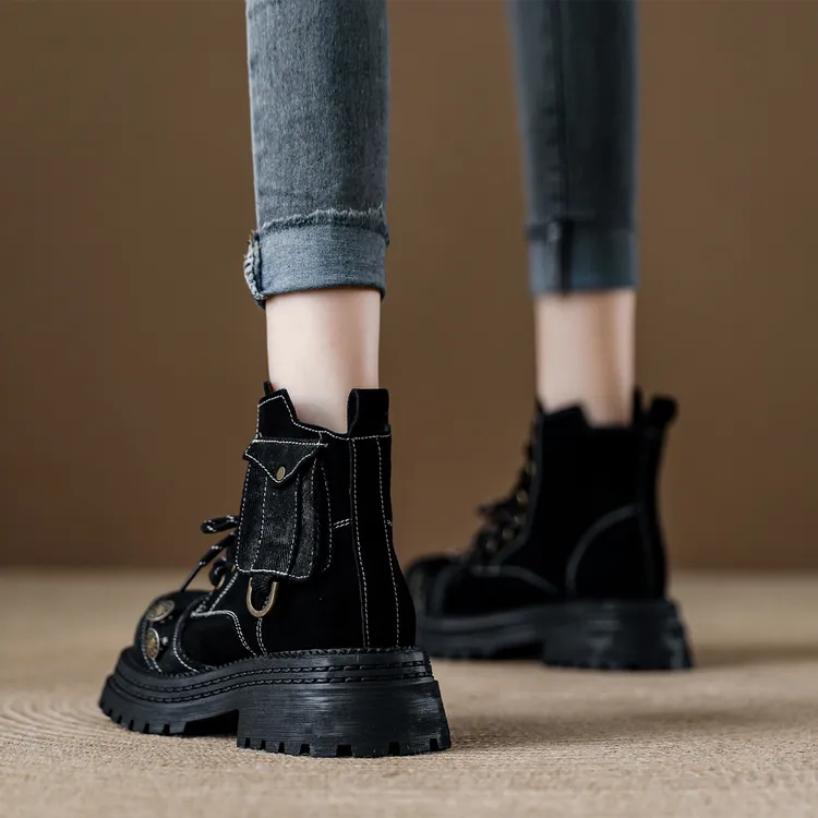 翻毛皮马丁靴女2025年秋季新款磨砂皮短靴复古厚底机车英伦风靴子