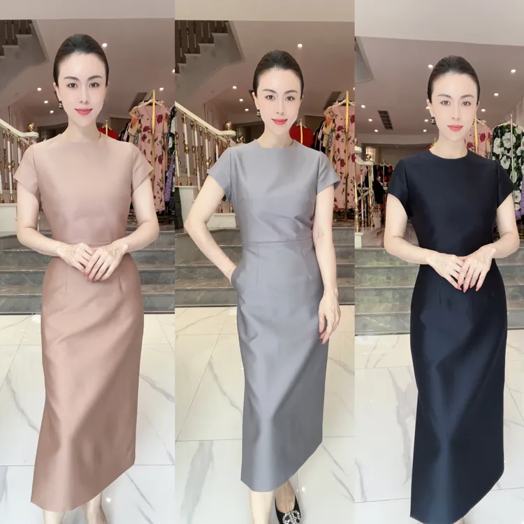 5970【重乔丝毛】研家轻奢高定极简修身收腰显瘦侧开叉丝毛连衣裙